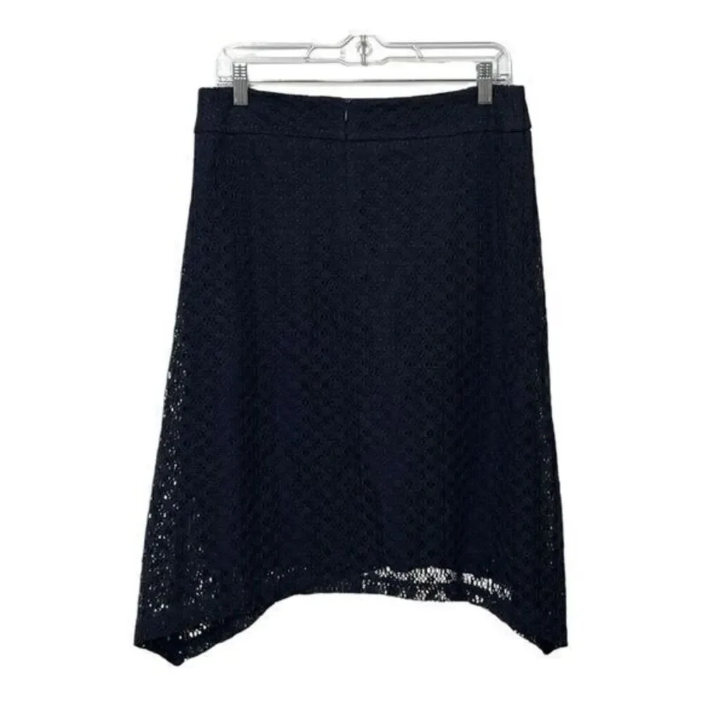 Cato Womens Midi A Line Asymmetrical Skirt Size 8 Navy Crochet Lined Stretch Zip - Picture 2 of 7